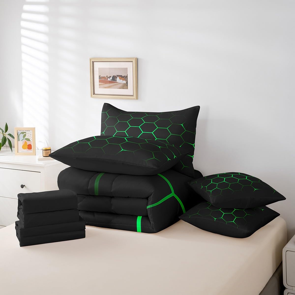 Feelyou Hexagonal Bed in a Bag 3D Geometric Honeycomb Comforter Set with Sheets for Kids Boys Girls Luxury Beehive Hexagon 7 Piece Bedding Set Neon Green Black Decor Bed Set Twin Size
