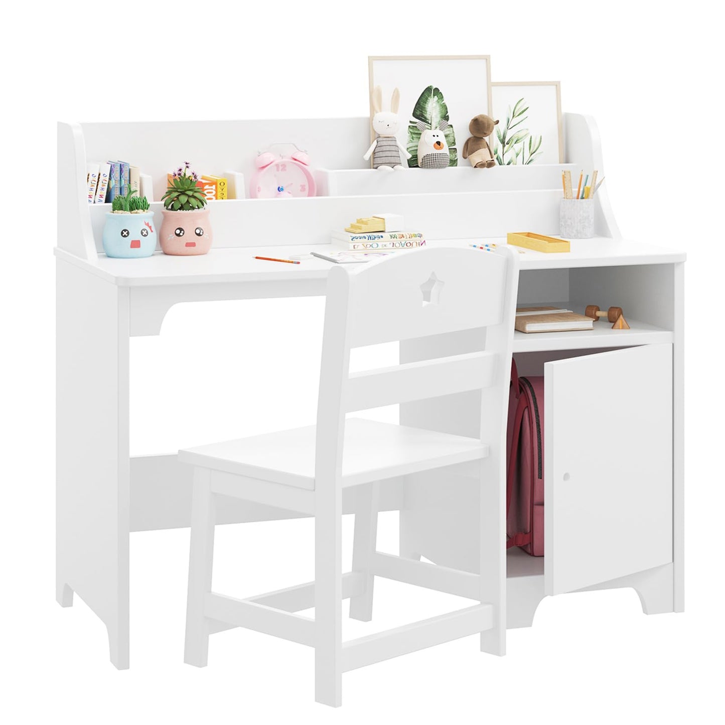 Garvee Kids Study Desk with Chair,Wooden Children Study Table with Hutch and Storage Cabinet for Boys Girls 3-12 Year Old, Student Writing Desk Computer Workstation for Kids Bedroom