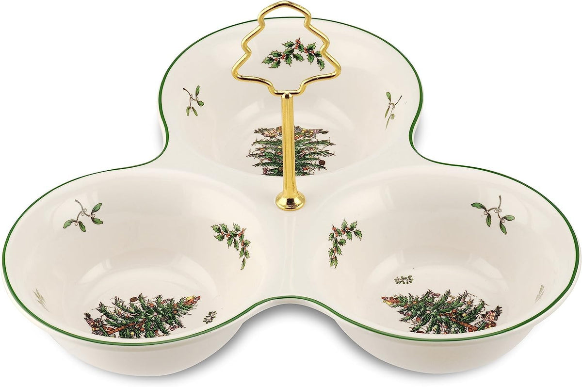 Spode Christmas Tree 3 Section Server with Tree Handle - Divided Serving Tray for Nuts, Candies, Condiments, Holiday Treats - Festive Earthenware Tableware for Seasonal Entertaining & Hosting