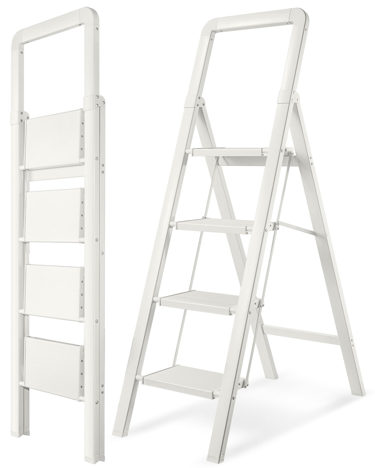 BIBKOKE Step Ladder 4-Step White Finish Aluminum Folding Step Ladders,Anti-Slip Max 330 lbs