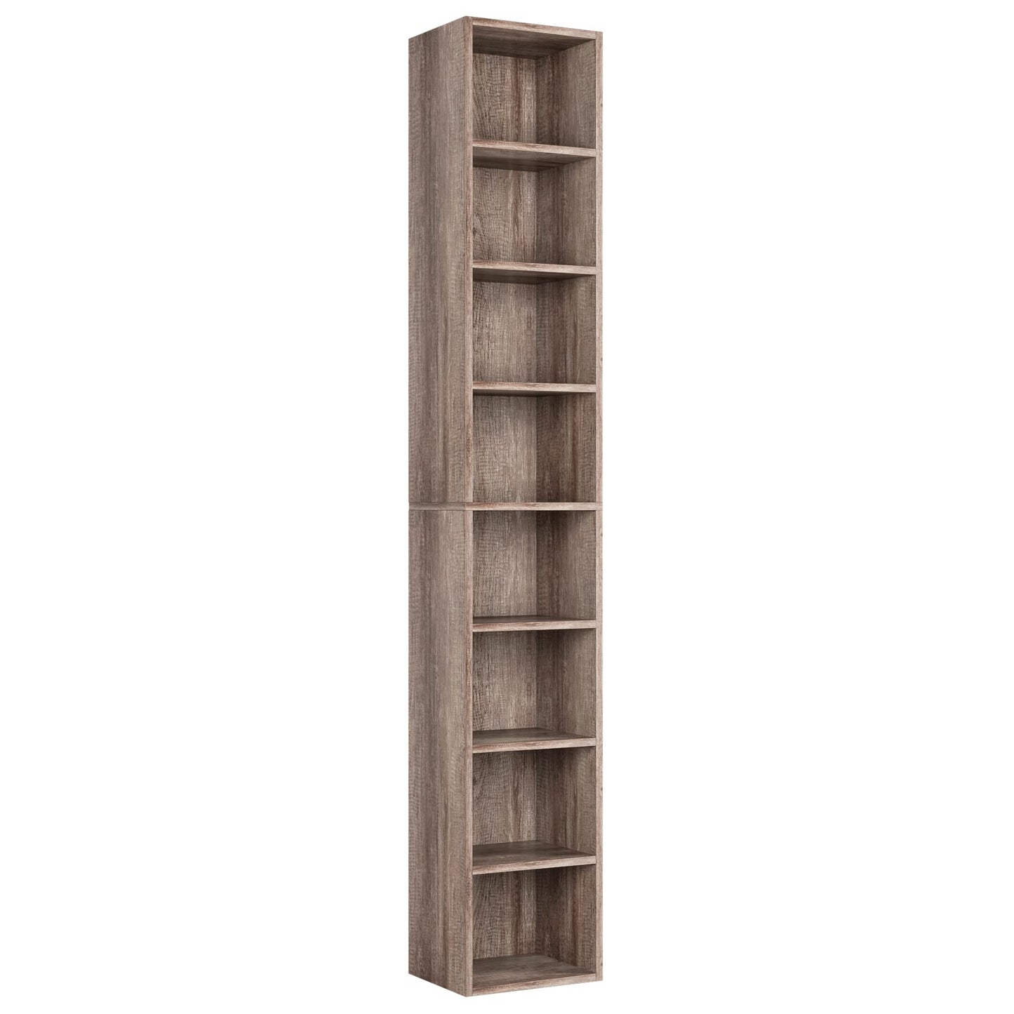 FOTOSOK 8-Tier Media Tower Rack, 11.6 X 9.3 X 70.9 Inches CD DVD Slim Storage Cabinet with Adjustable Shelves, Tall Narrow Bookcase Display Bookshelf for Home Office, Oak
