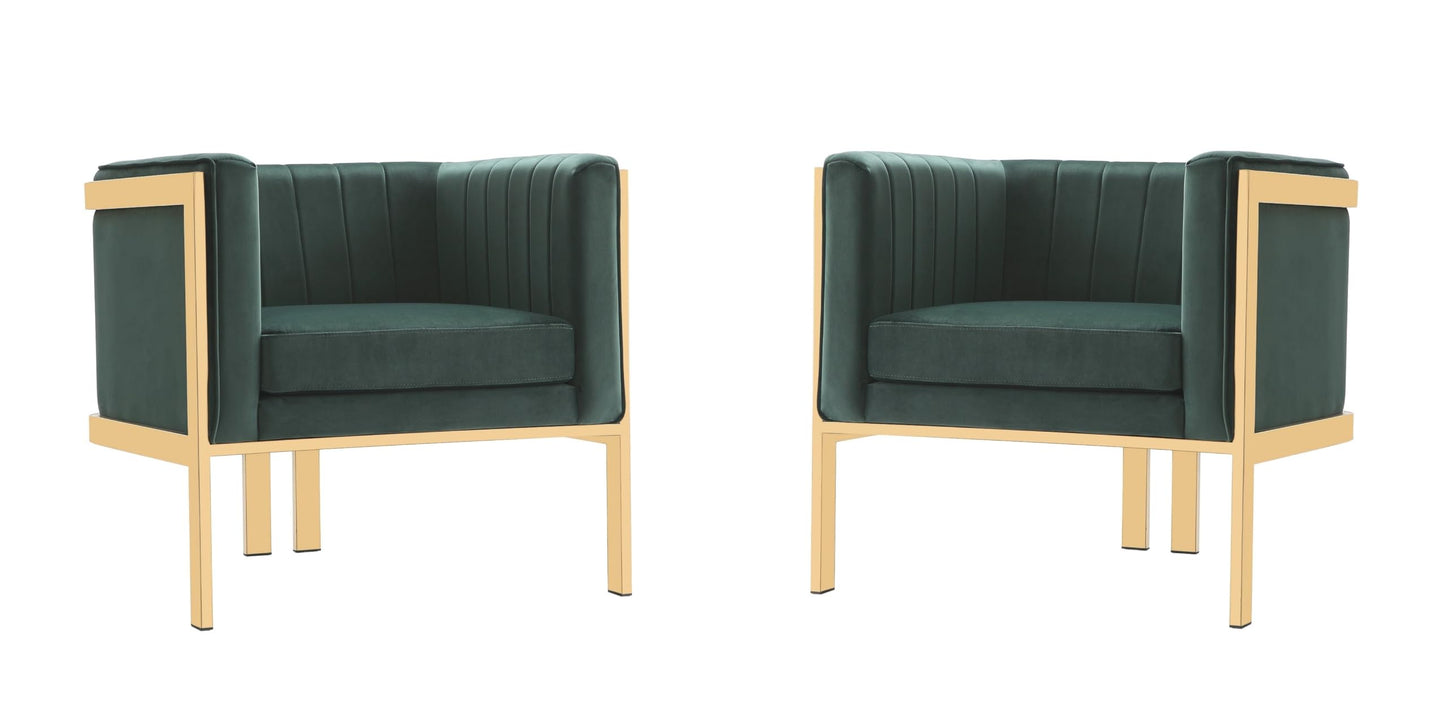 Manhattan Comfort Paramount Velvet Accent Armchair Set of 2, Polished Brass Frame with Geometric Legs, Art Deco Chair, 1920s Glamour, Fully Assembled, Living Room Lounge Seat, Forest Green