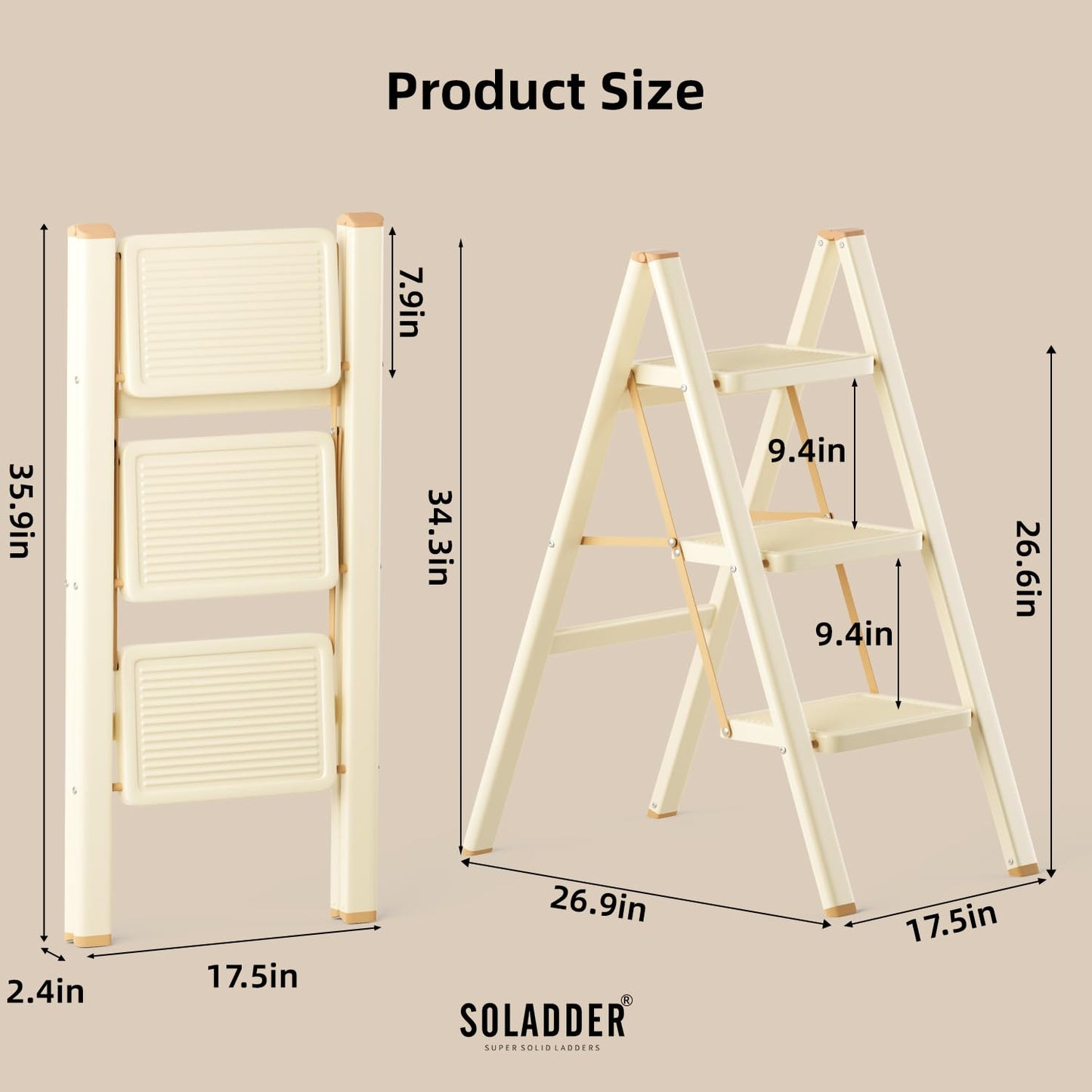 SOLADDER 3 Step Ladder, Anti-Slip and Lightweight Foldable Step Stool for Adults to Use in Kitchen, Closet and Library, 300lbs(Cream Chocalate)