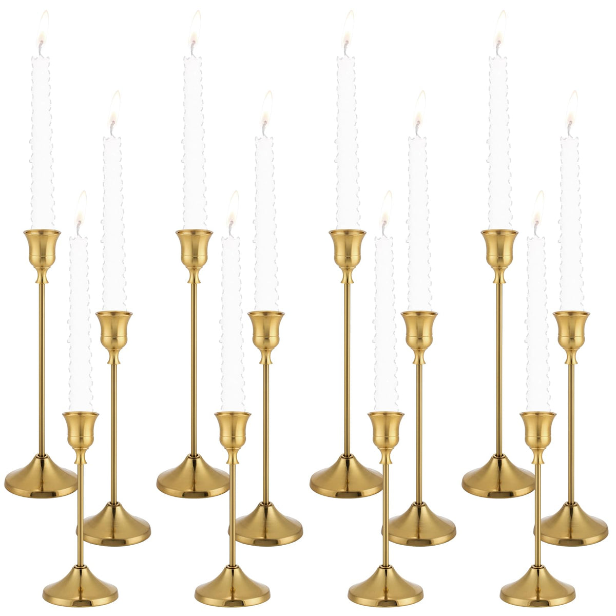 Tunyet Candlestick Holders 4 Sets(12 Pcs), Brass Gold Candle Holders with Anti-Slip Pad, Metal Taper Candle Holder, Candle Holder for Wedding Fireplace Mantel Housewarming Gift