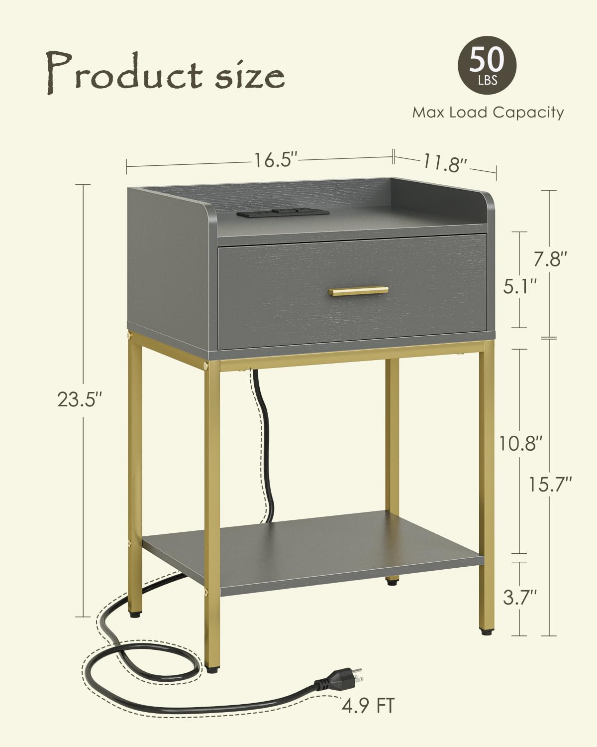 Apetaccat Nightstand with Charging Station,3-Tier Bedside Table for Small Space,Modern Night Stand with Storage Drawer and Shelf,Small Side Table for Bedroom,Living Room,Gray