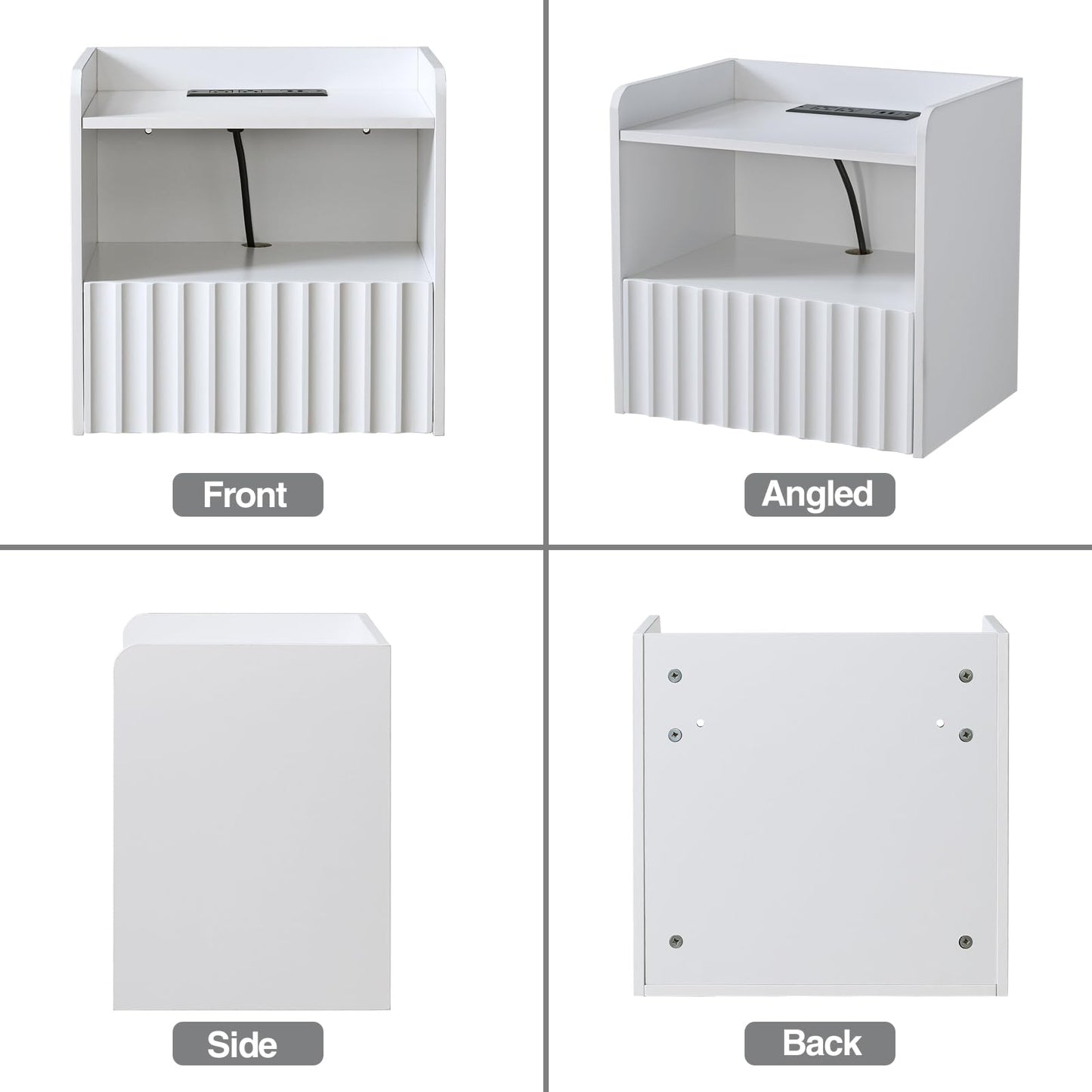 BuildHom Modern Fluted Floating Nightstand Wall Mounted - Bedside Table with Storage Drawer & Display Shelf, Minimalist Bedroom Furniture for Studio Apartments (Matte White)