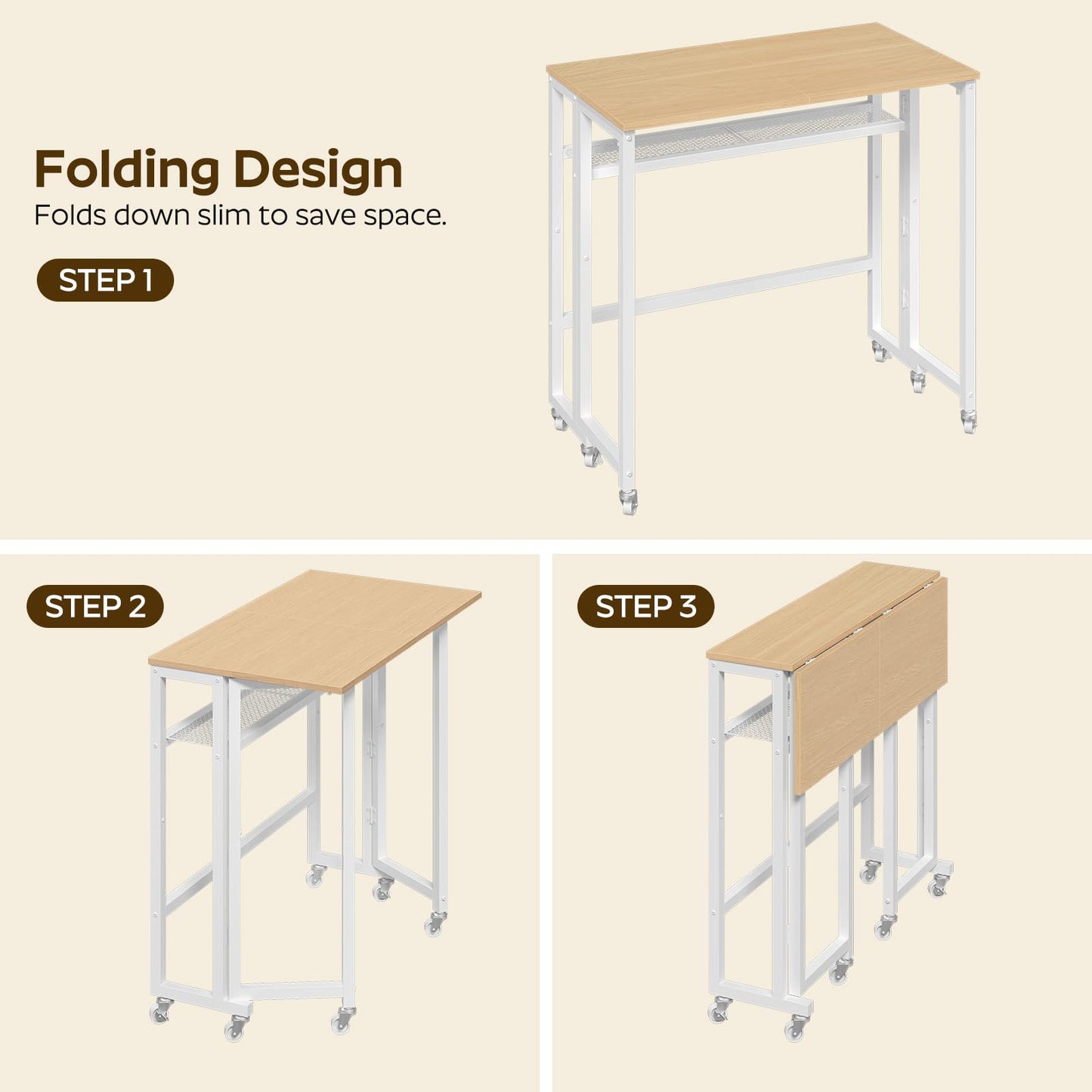 YATINEY Folding Computer Desk with Storage Shelf, 25.2" Rolling Folding Desk with Wheels, for Small Spaces, Living Room, Bedroom, Office, White and Natural DN08WN