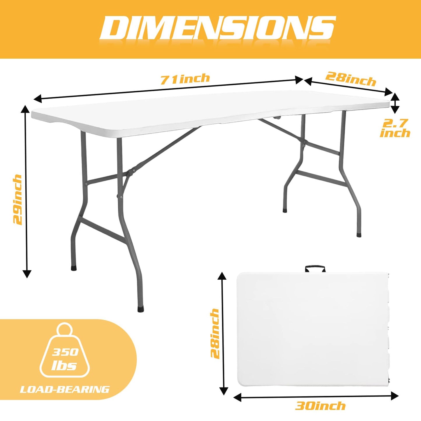 Camp Field 6ft Heavy Duty Portable Table with Spandex Cover, Folding Table for Indoor & Outdoor Picnic & Lemonade Stand for Picnic, Party, Event. (White ste, 6FT Set)