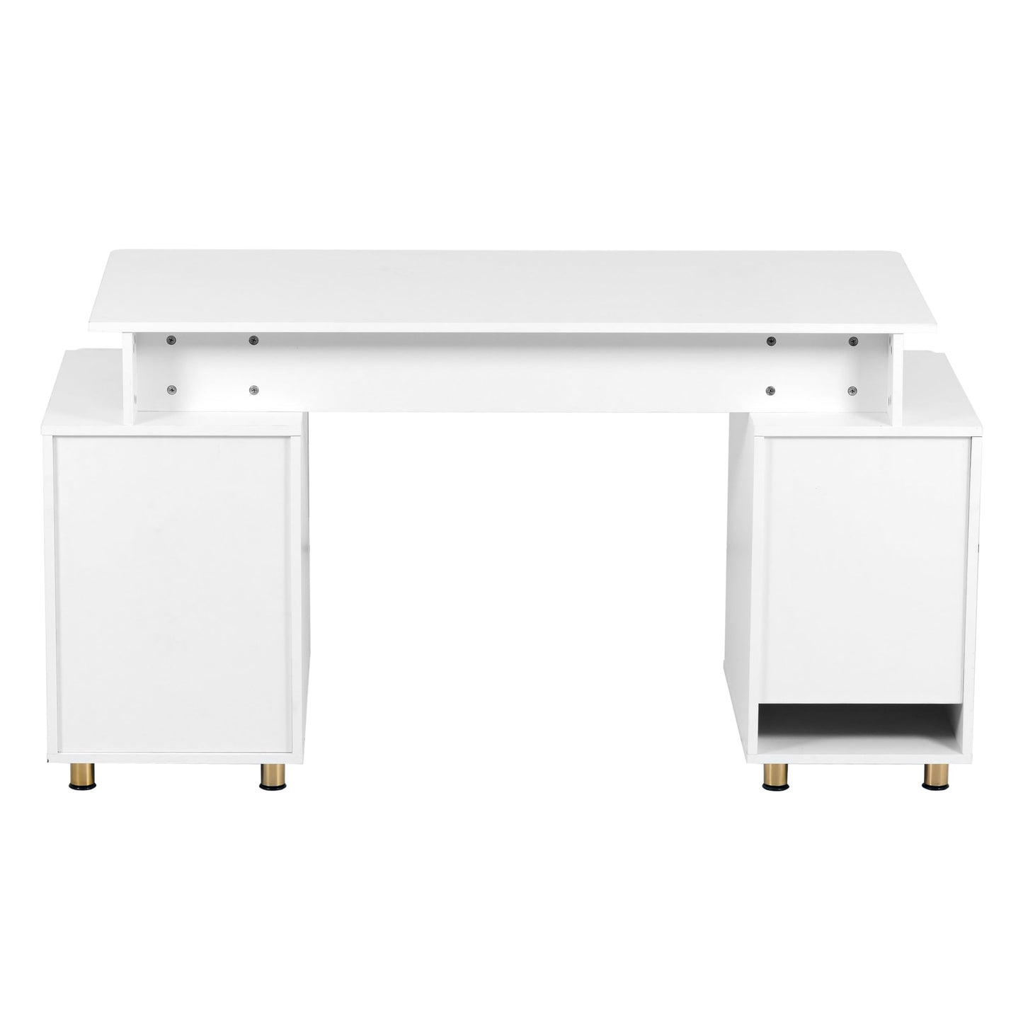 Elegant 57" W Executive Desk with 3 Drawers and Storage Cabinet, Modern Office Desk with Gold Accents, Floating Work Surface, Closed Storage with Ventilation & Adjustable Shelf (White,Gold)