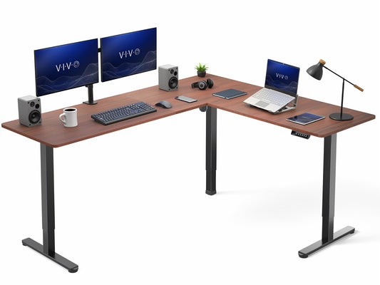 VIVO Corner Standing Desk, 75 x 63 inch Reversible L-Shaped Workstation, Electric Height Adjustment, Home, Office, and Reception Rooms, Dark Walnut Table Top Black Frame, DESK-E3CTD-75