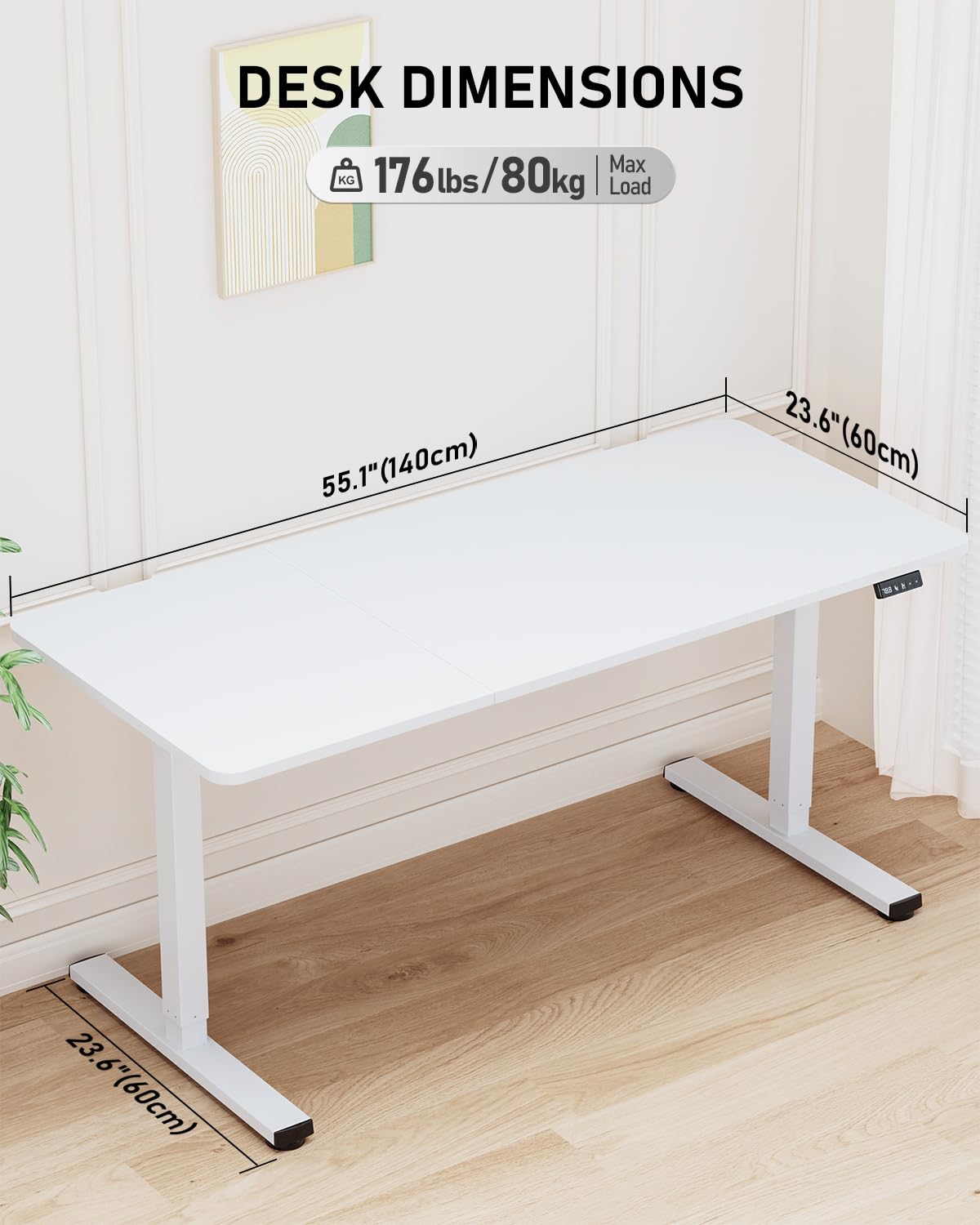 Xyndyx 55" Electric Standing Desk Adjustable Height, Sit Stand up Desk for Home Office & Computer Workstation, 2 Memory Height Settings, Splice Board, 2 Hooks, White Frame/White Top