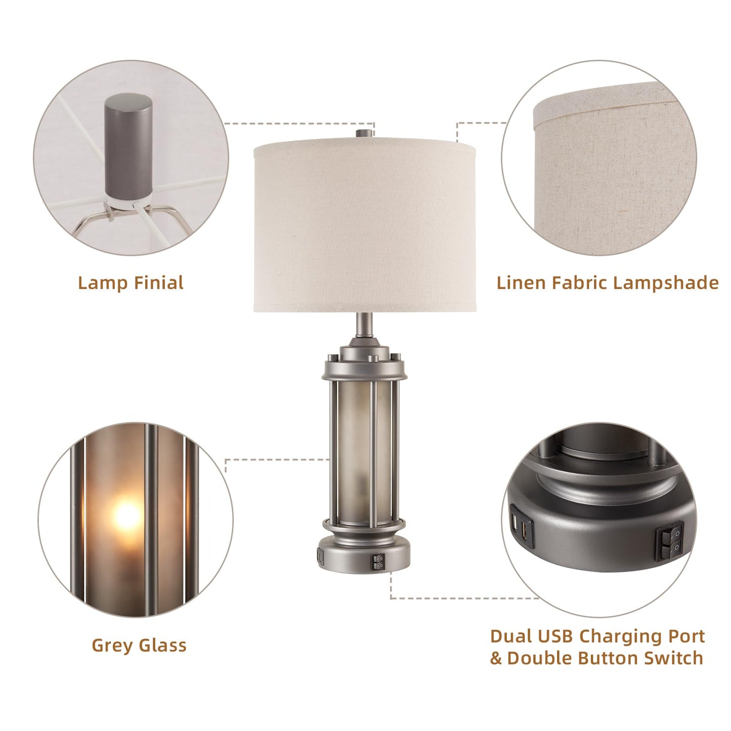 AIEAMPDO Set of 2 Farmhouse Bedroom Table Lamps with 2 USB C+A Ports
