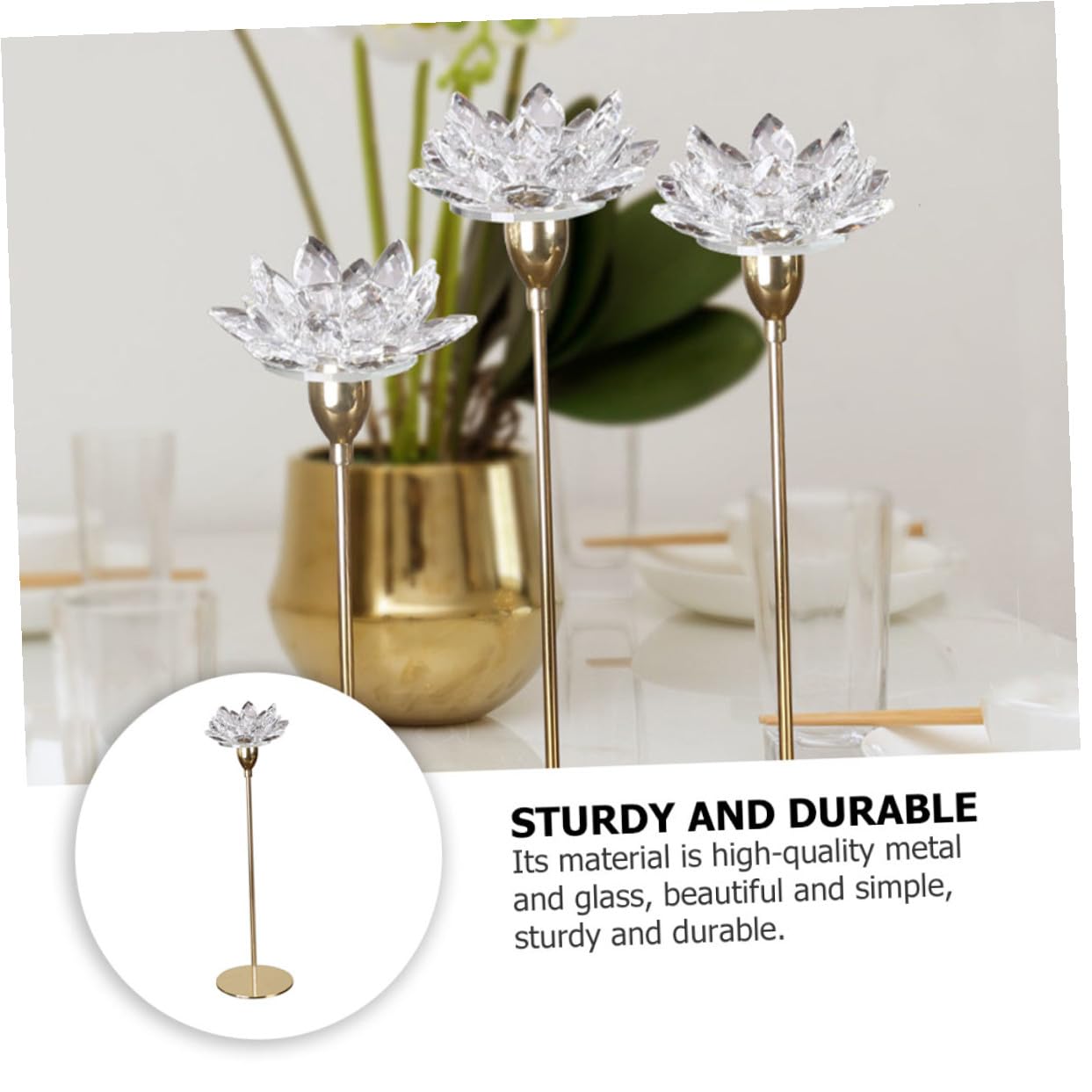 HOMSFOU Crystal Lotus Metal Candlestick Holder Small Gold Tapered Candle Stand for Dining Room Wedding Candlelight Dinner Decor