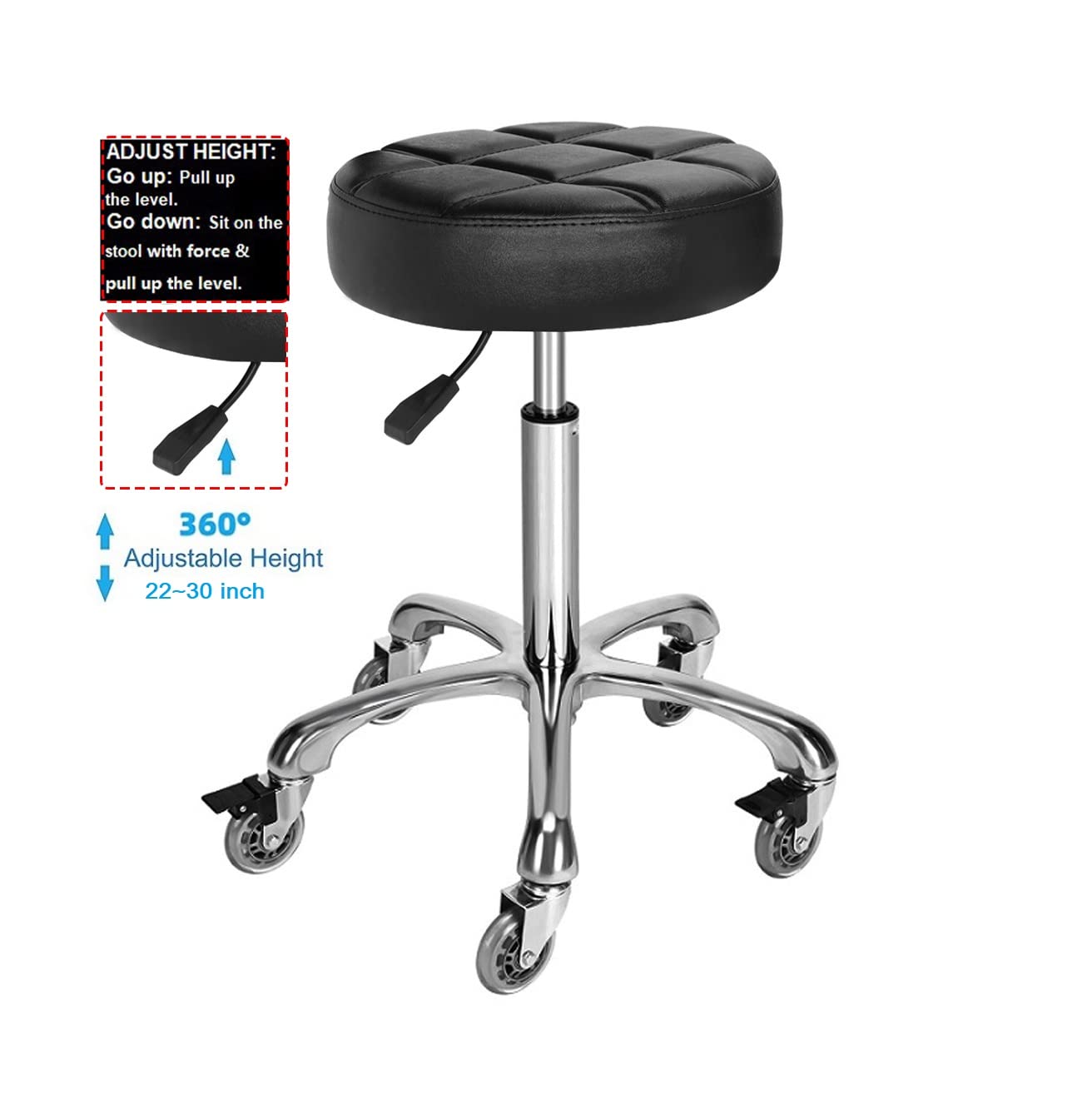 McDooFly Adjustable Heavy Duty Stool - Rolling Stools with Locking Caster Wheels - Swivel Stools Backless Chair for Home Kitchen Office Shop Tattoo Lash Tech Pedicure(Black, Height 22 to 30 in)