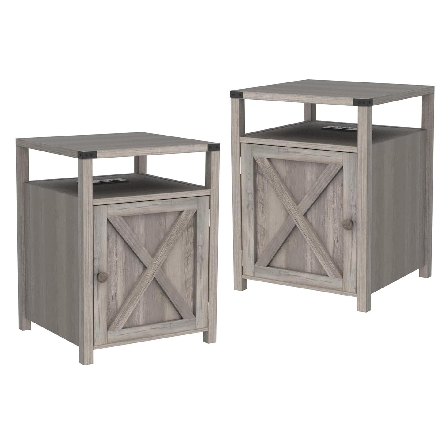HOSEOKA Farmhouse Nightstand Set of 2 with Charging Station, Rustic End Table Bedroom with Storage Living Room Side Table Dark Oak Night Stand Industrial Bedside Bed Table with USB Ports and Outlets