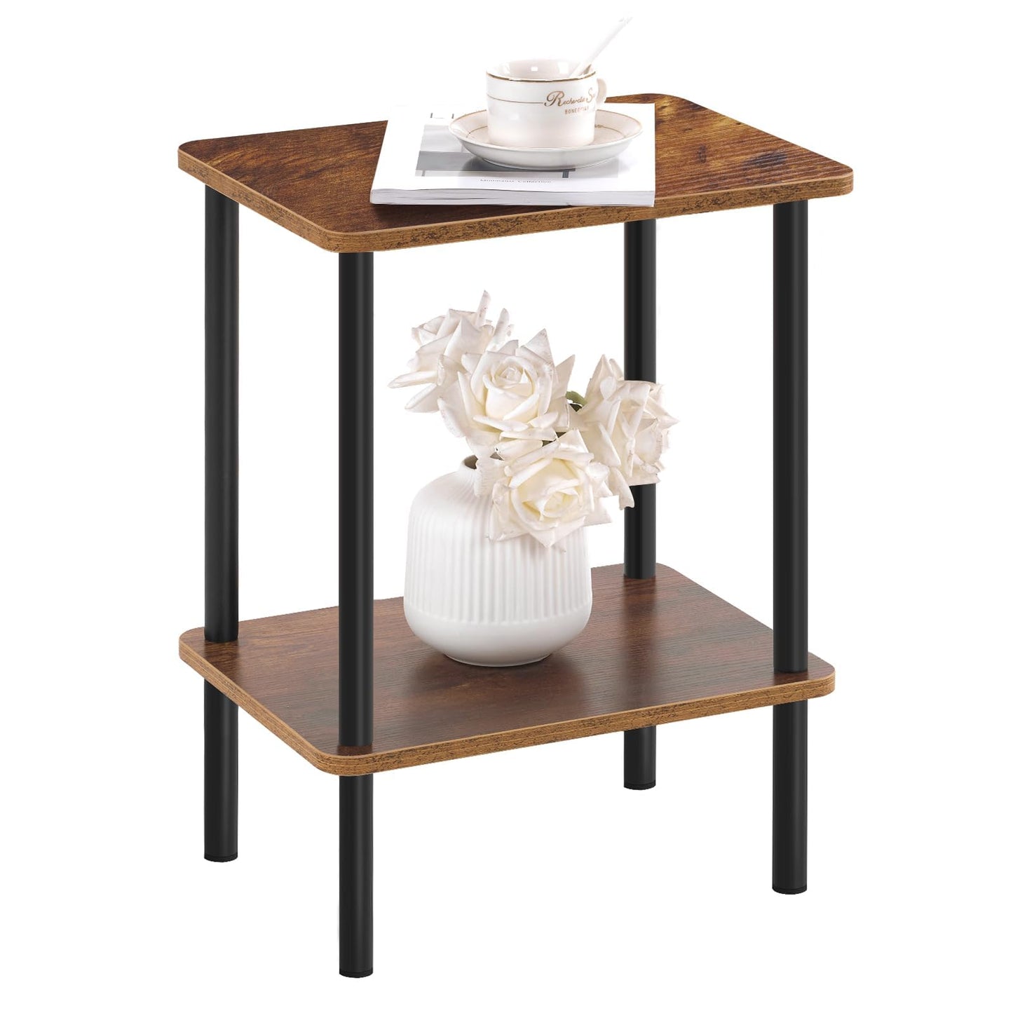 Apicizon 2 Tier End Table, Small Side Table with Solid Wood Legs, Boho Bedside Table with Storage Shelf, Nightstand for Small Spaces, Bedroom, Living Room, Entryway, Farmhouse, Easy Assembly, Brown