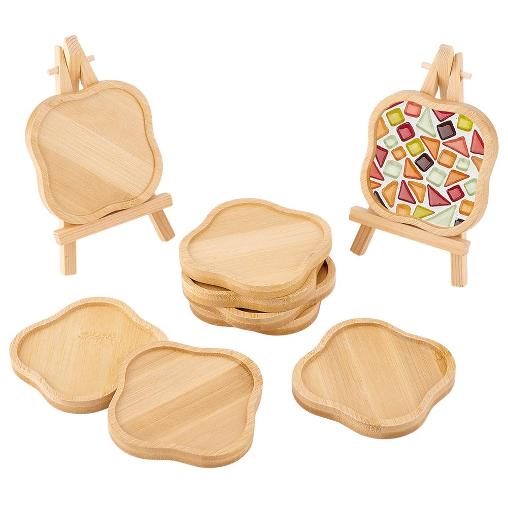 WEBEEDY 12 Pcs DIY Mosaic Bamboo Coasters for Crafts, Clover Shaped Mosaic DIY Coasters Blank Base Trays Drinking Cup Coaster for Tabletop Planters Protection Home Kitchen Party Decor, 3.7 Inch