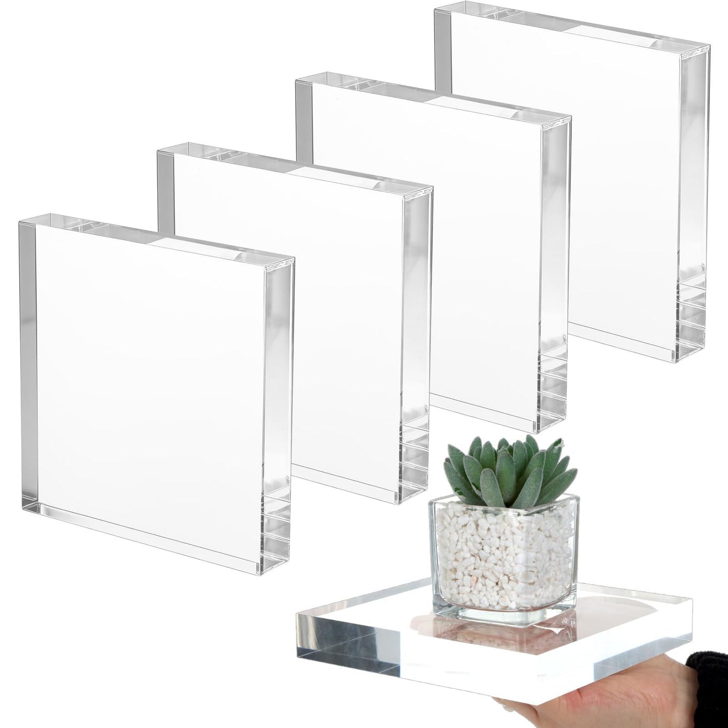 FUPMILPHRANX 4 PCS Acrylic Display Blocks 6 x 6 x 1 Inches Clear Polished Acrylic Cube Riser Square Base Stand Solid Pedestal Stand for Jewelry, Rings, Trophies, Food and Collectibles Display