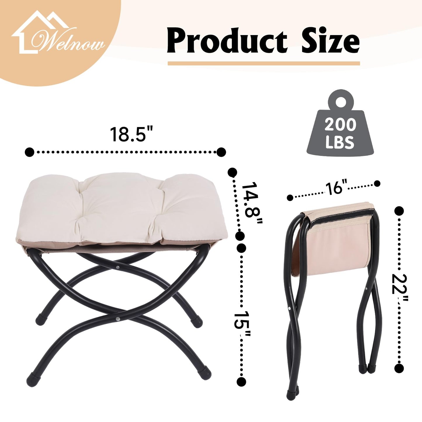 Welnow Folding Foot Stool, Upholstered Small Accent Ottoman with Detachable Thick Cotton Cushion Padded Sofa Stool and Metal Frame for Lazy Chair, Living Room, Bedroom, Beige