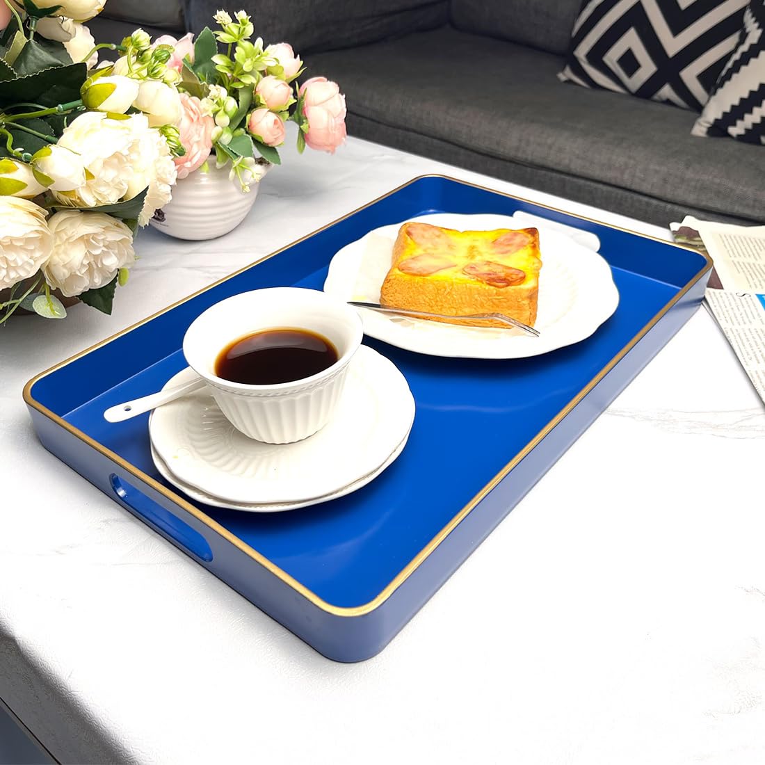 UOEKCS Navy Blue Serving Tray with Handles, Rectangular Decorative Tray for Coffee Table, Plastic Rectangular Tray for Ottoman, Living Room, Bathroom, Home Decor 15.7” x 10.2” x1.37”