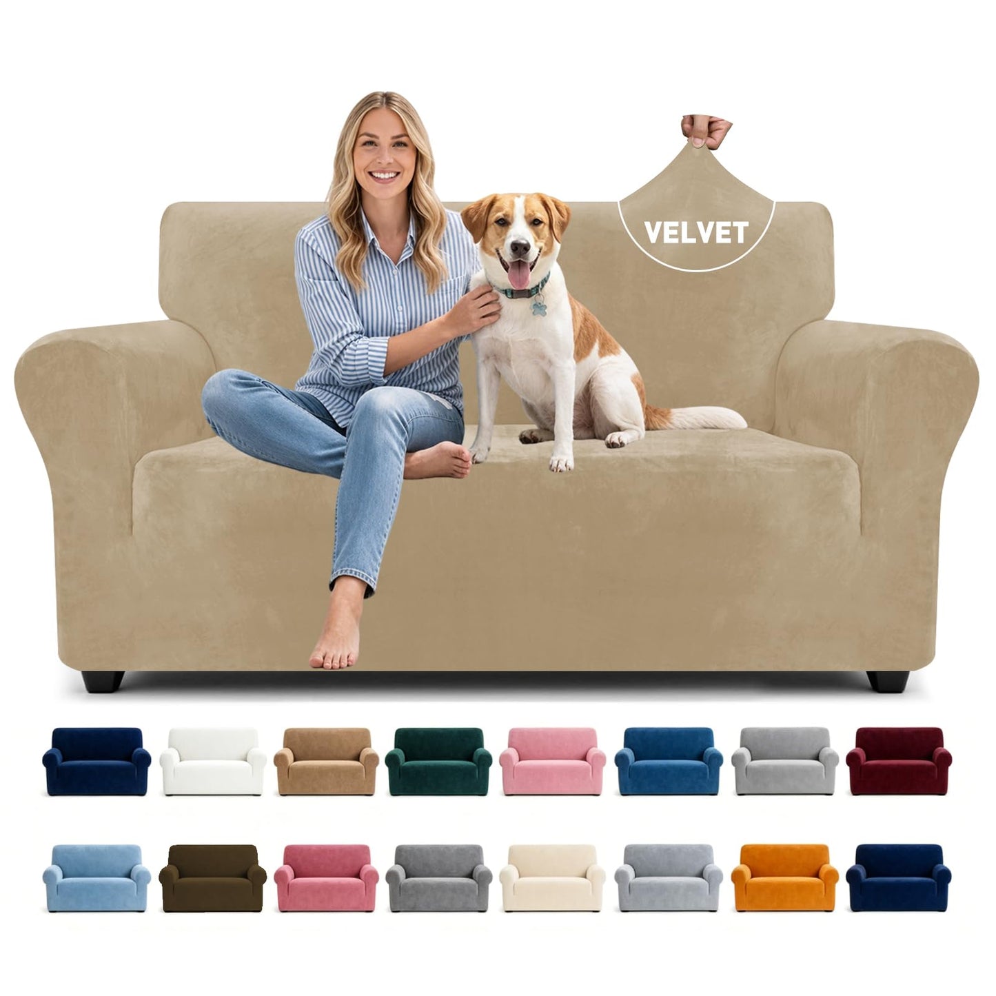 YEMYHOM Real Velvet Couch Covers for 2 Cushion Couch High Stretch 1 Piece Loveseat Slipcover for Pets Dogs Anti Slip Love Seat Sofa Slipcover Furniture Protector (55"-69", Camel)