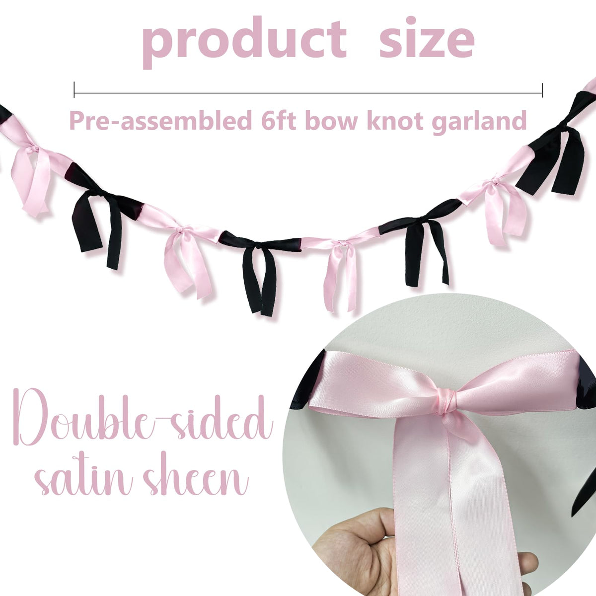 Eanjia Pink & Black Satin Bow Garland 6FT | Coquette & Cowgirl Birthday Banner, Pre-Tied Ribbon Bow Knot Decoration for Girls, Bridal Shower, Baby Room & Party Backdrop Decor