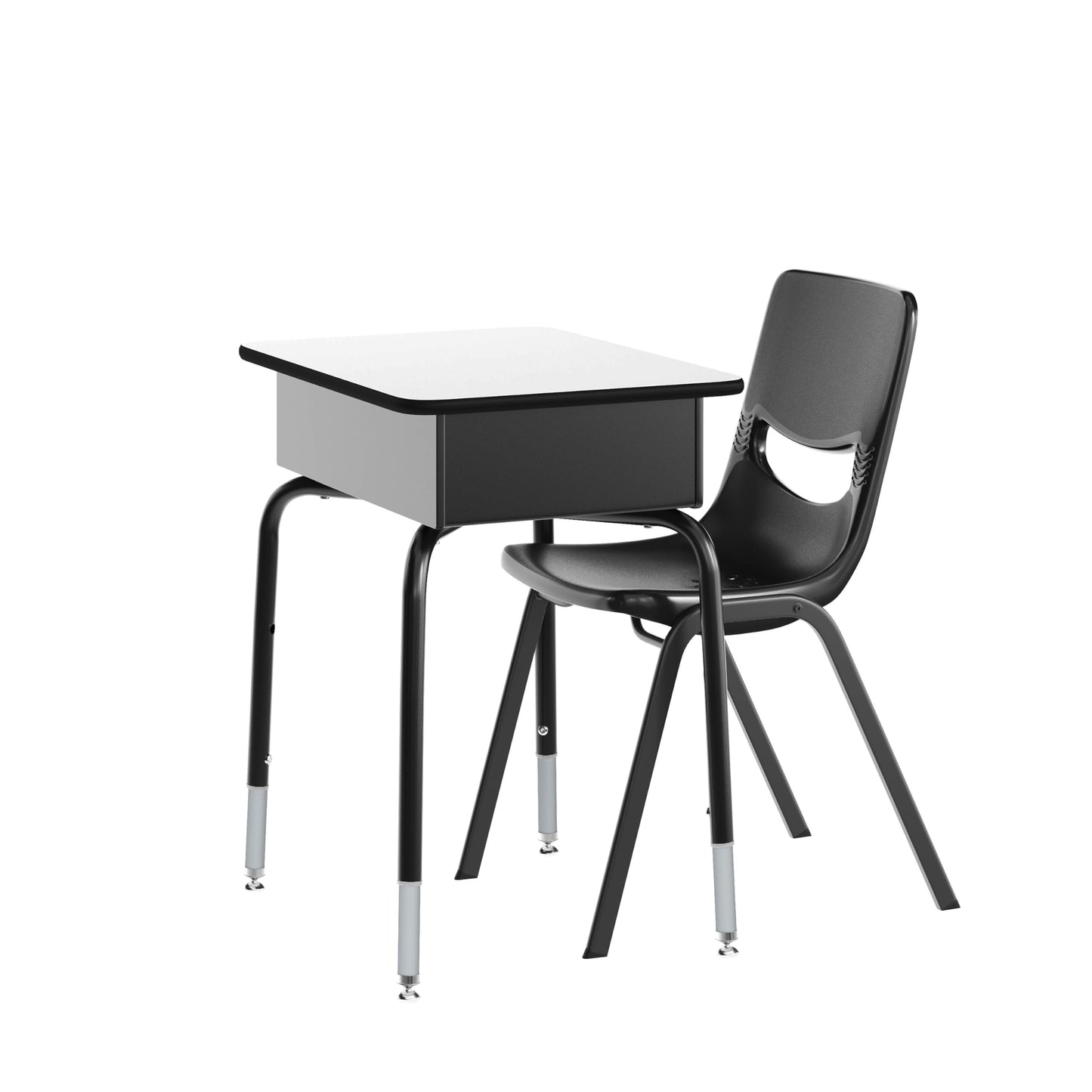 Flash Furniture Hercules Student Desk with Open Front Metal Book Box, Desktop, and Frame and Heavy-Duty Flex Comfort Classroom Stack, Set of 1, Gray Top/Black Chair
