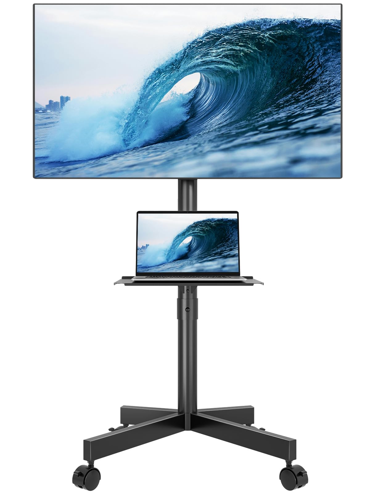 BONTEC Mobile TV Stand for 23-65 Inch TVs, Rolling TV Stand with Locking Wheels, Adjustable Height, Media Shelf, Outdoor TV Stand Max VESA 400x400mm, Holds Up to 88lbs