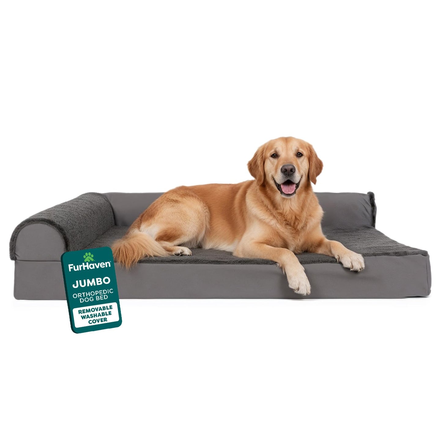 FurHaven Orthopedic Dog Bed for Large Dogs, L-Shaped Chaise Mattress with Orthopedic Egg Crate & Solid Orthopedic Foam Base for Joint Support, Washable Cover, Jumbo XL, Plush & Velvet, Platinum Gray