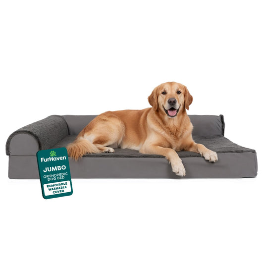FurHaven Orthopedic Dog Bed for Large Dogs, L-Shaped Chaise Mattress with Orthopedic Egg Crate & Solid Orthopedic Foam Base for Joint Support, Washable Cover, Jumbo XL, Plush & Velvet, Platinum Gray