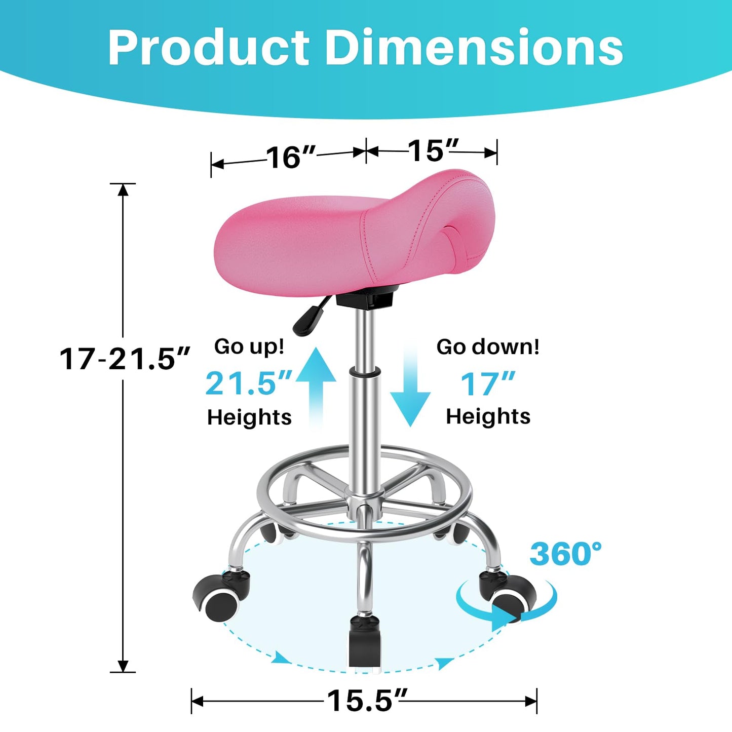 YEEZEE Saddle Stool Ergonomic- Comfortable Rolling Saddle Stool with Wide Thick Saddle Seat Padding, Swivel Adjustable Saddle Chair with Wheels and Ring Pedal for Medical Massage Salon (Pink)
