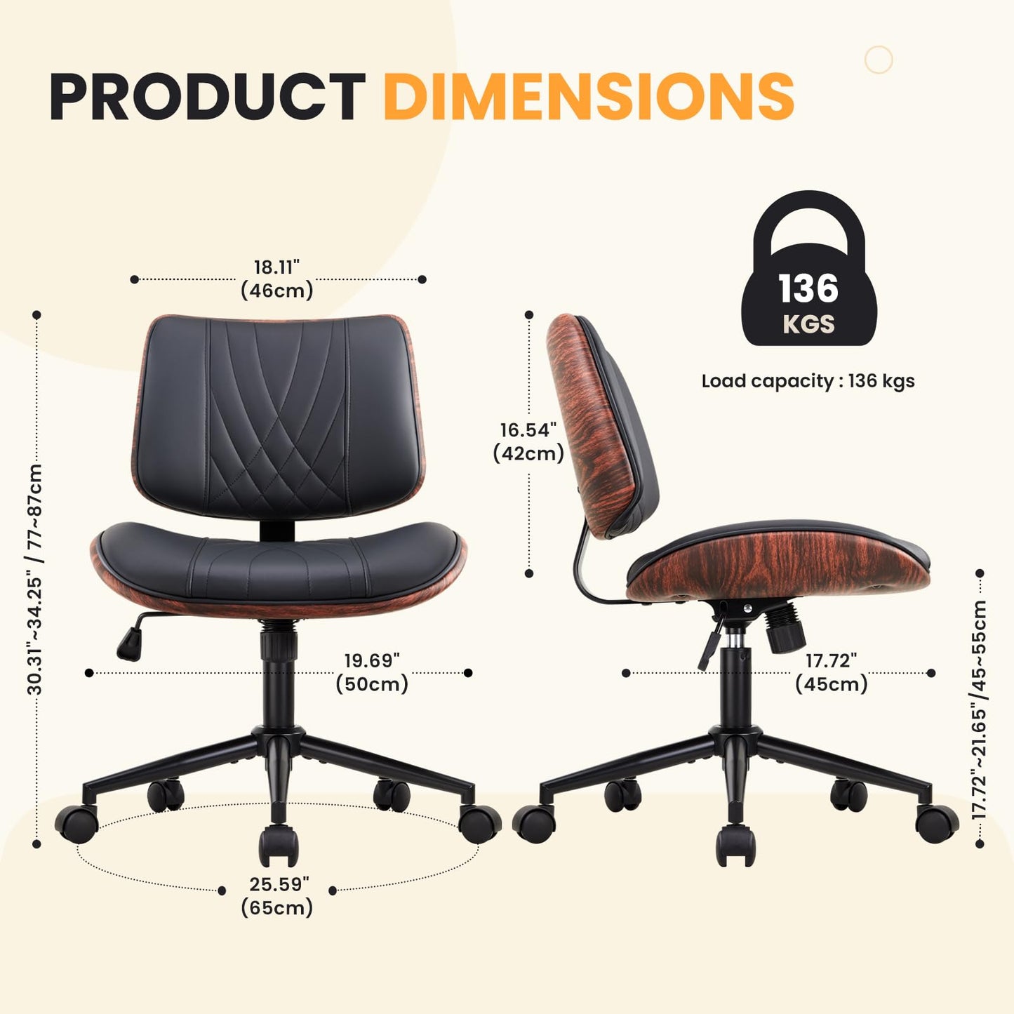 IWMH Home Office Chair Swivel Desk Chair with Wheel Small Computer Chair Armless Task Chair Modern Walnut PU Leather Backrest Rocking Function Adjustable Height, Study Reading Meeting Room (Black)