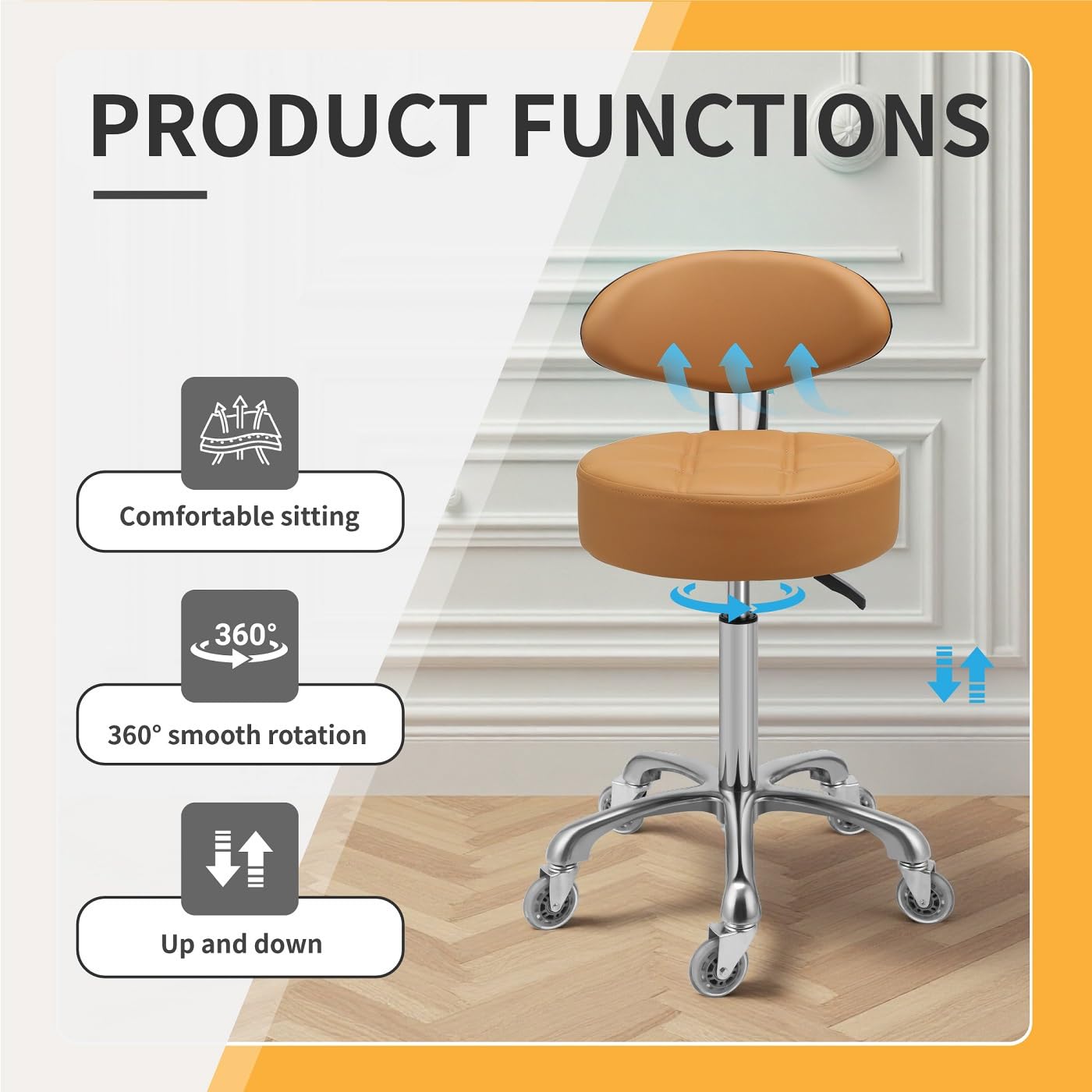 Kaleurrier Rolling Stool with Back Support: Adjustable Height 22-30 inches for Nail Lash Tech Stylist - Heavy Duty Stool Chair with Wheels for Salon Shop Office Kitchen Garage