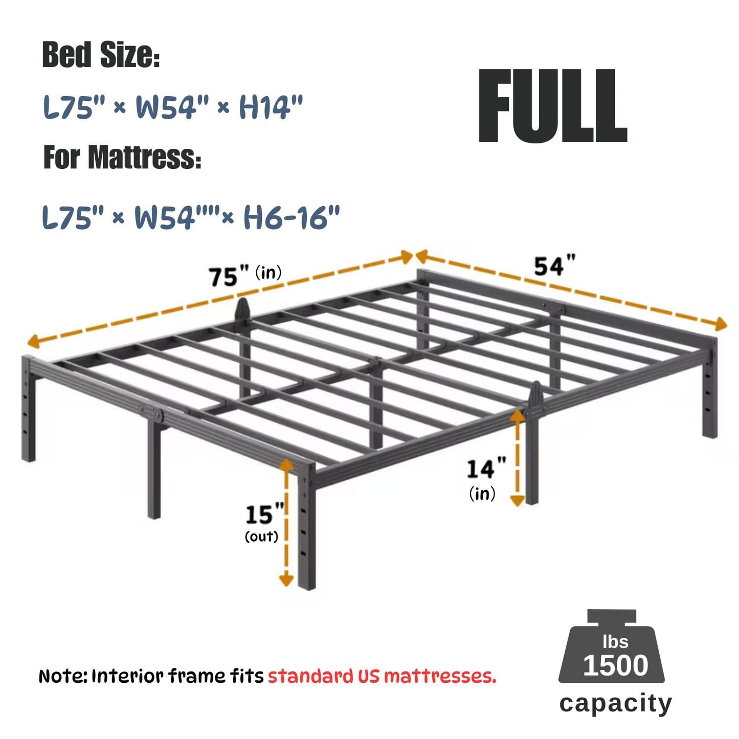 ZIYOO 14 Inch Metal Full Bed Frame Mattress Anti-Slip Design, No Box Spring Needed, Easy Assembly Noise-Free Tools Included, Ideal for Bedrooms, Guest Rooms, Dorms, Hotels & B&Bs