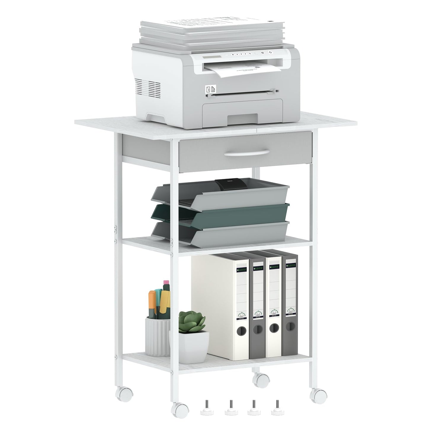 Arbuxzuy 3-Tier Printer Stand, Printer Table with Fabric Drawer, Industrial Printer Storage Cart with Wheels, Rolling Printer Stand for Heat Press Scanner Fax, White
