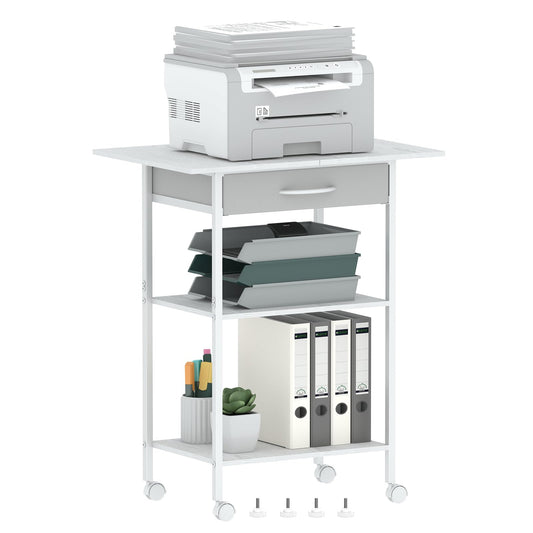 Arbuxzuy 3-Tier Printer Stand, Printer Table with Fabric Drawer, Industrial Printer Storage Cart with Wheels, Rolling Printer Stand for Heat Press Scanner Fax, White