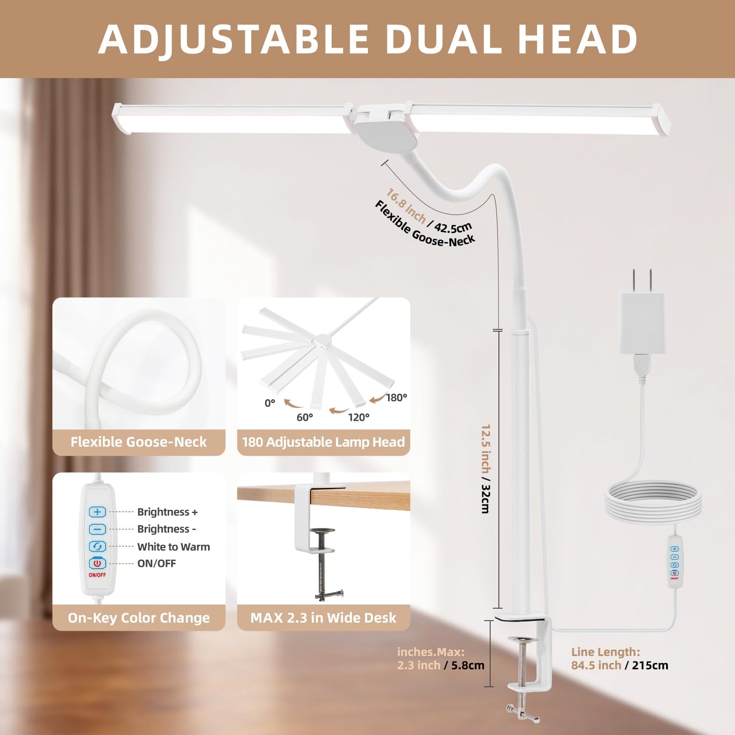 Voncerus LED Desk Lamp for Home Office, Double Head Architect Light with Clamp, Computer Monitor Clip on Light, 3 Modes and 10 Brightness, Adjustable Flexible Goose-Neck, Table Task Lamp, White