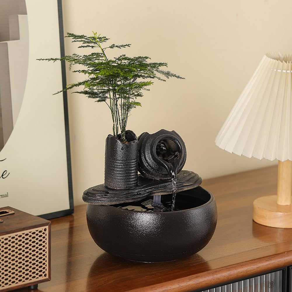 Ceramic Tabletop Fountain Water Feature Fall Indoor and Outdoor Decoration (Black Pot A150)