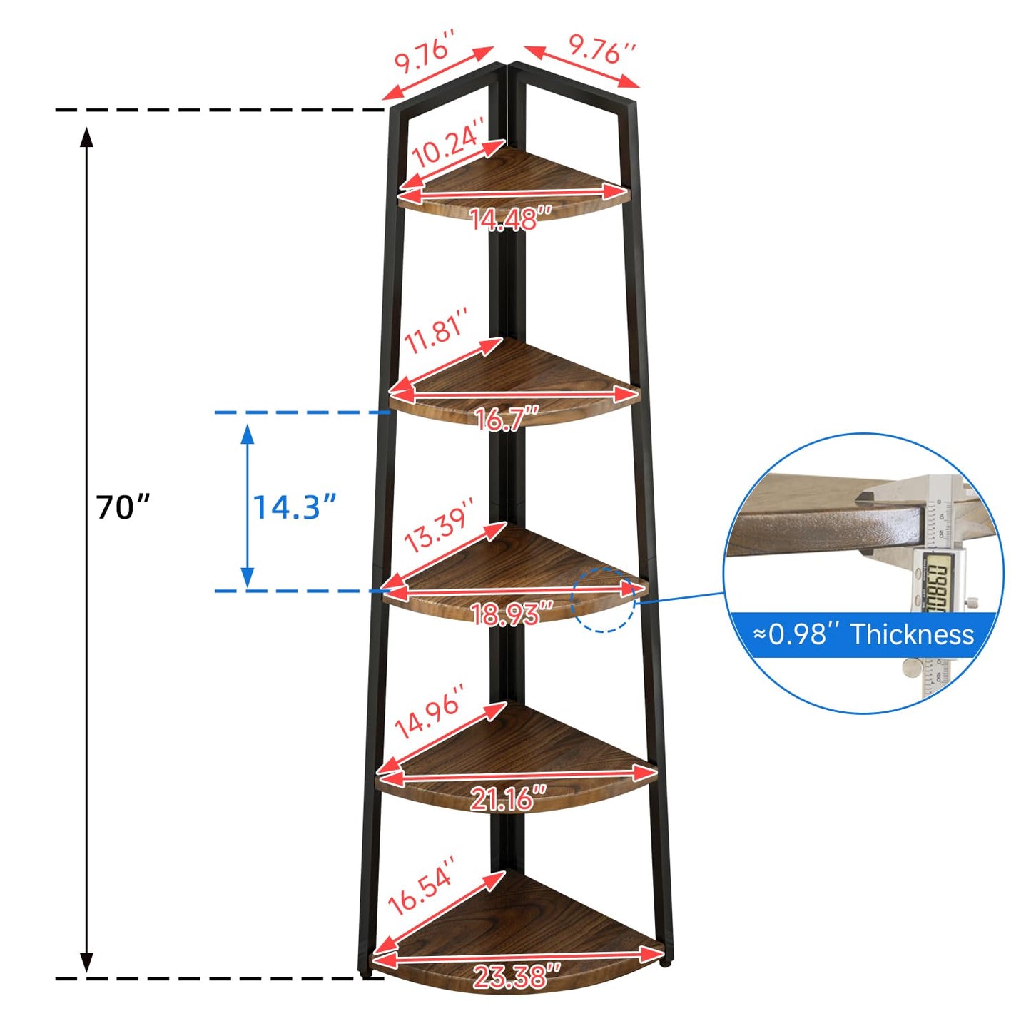 GUTECLOUD Soild Wood Corner Shelf, 5 Shelf Bookcase for Bathroom & Living Room, Tall Corner Bookshelf with Ladder Design, Space Saving Corner Bookcases (Brown)