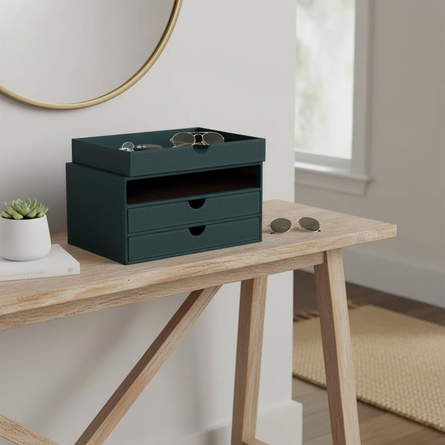 UnionBasic Leather Desktop Drawer Organizer, File Cabinet Magazine Document Holder, Office Supplies Desk Storage Organizer Box, 3 Drawer, Coffee
