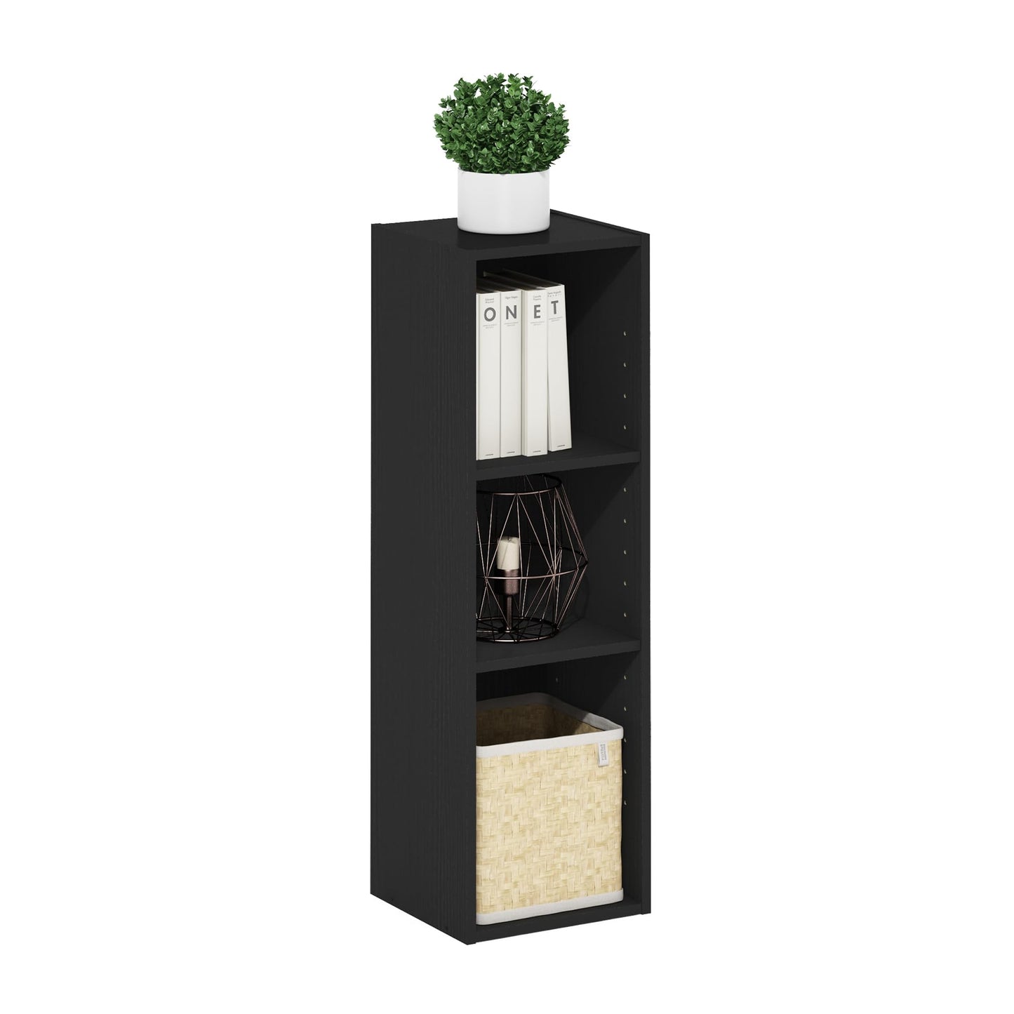 Furinno Fulda Book Shelf, 3-Tier Narrow Bookshelf, Bookcase with 10-in Width Storage Shelf, 9.3 x 9.8 x 31.5, for Living Room, Bedroom, Home Office, Blackwood