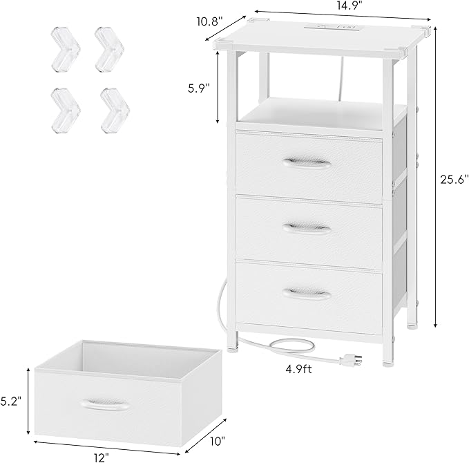 Vagusicc Nightstand with Charging Station, End Table Side Table with 3 Fabric