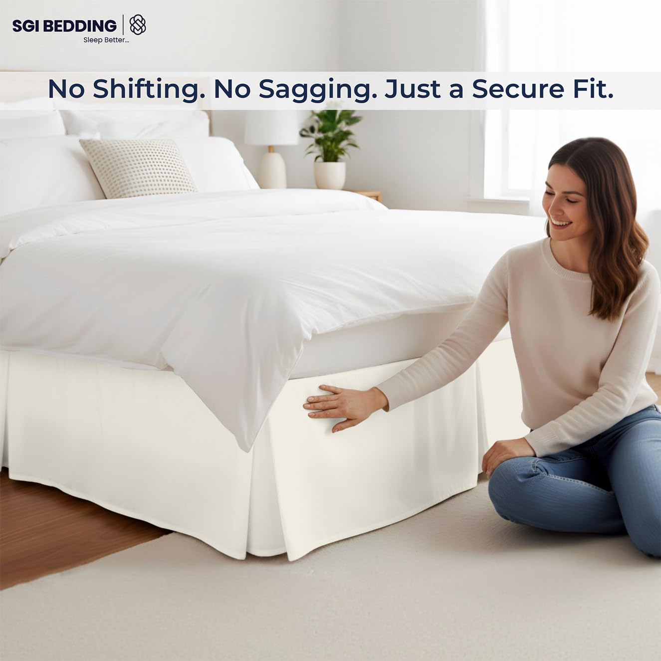 SGI bedding 12 inch Drop Bed Skirt Full Size - Platform Style with Secure Fit, Classic Tailored Look, Elegant Pleated Style Dust Ruffle, Split Corners, Microfiber - Ivory