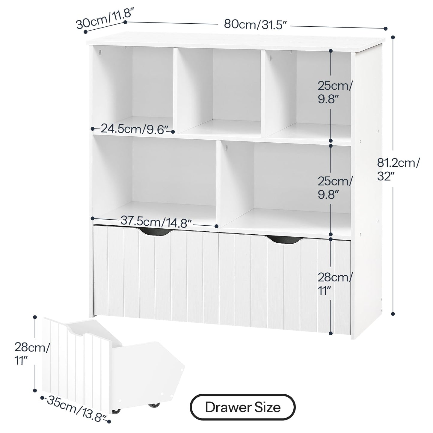 HOOBRO Toy Storage Organizer, Toy Organizers and Storage with 2 Movable Drawers and 5 Cubbies, Toy Chest Shelf for Books or Dolls, Kids Bookshelf and Toy Storage for Playroom, White WT88CW01
