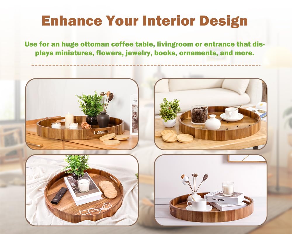 Decent Vrvege Extra Large Round Ottoman Coffee Table Tray, 22" Big Kitchen Serving Trays for Huge Ottoman Counter Giant Decorative Organizer, Huge Wood Serveware Tray with Built-in Handle for Big Job