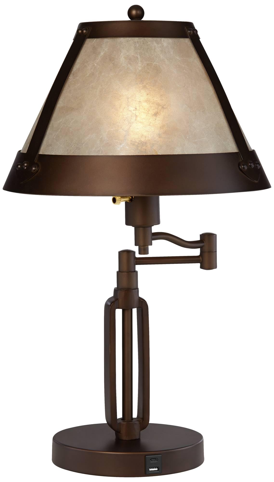 Franklin Iron Works Samuel 21 1/4" High Rustic Swing Arm Accent Table Lamp with USB Ports A+C Charging Bronze Natural Mica Shade for Living Room Bedroom House Bedside Nightstand Home Office Family