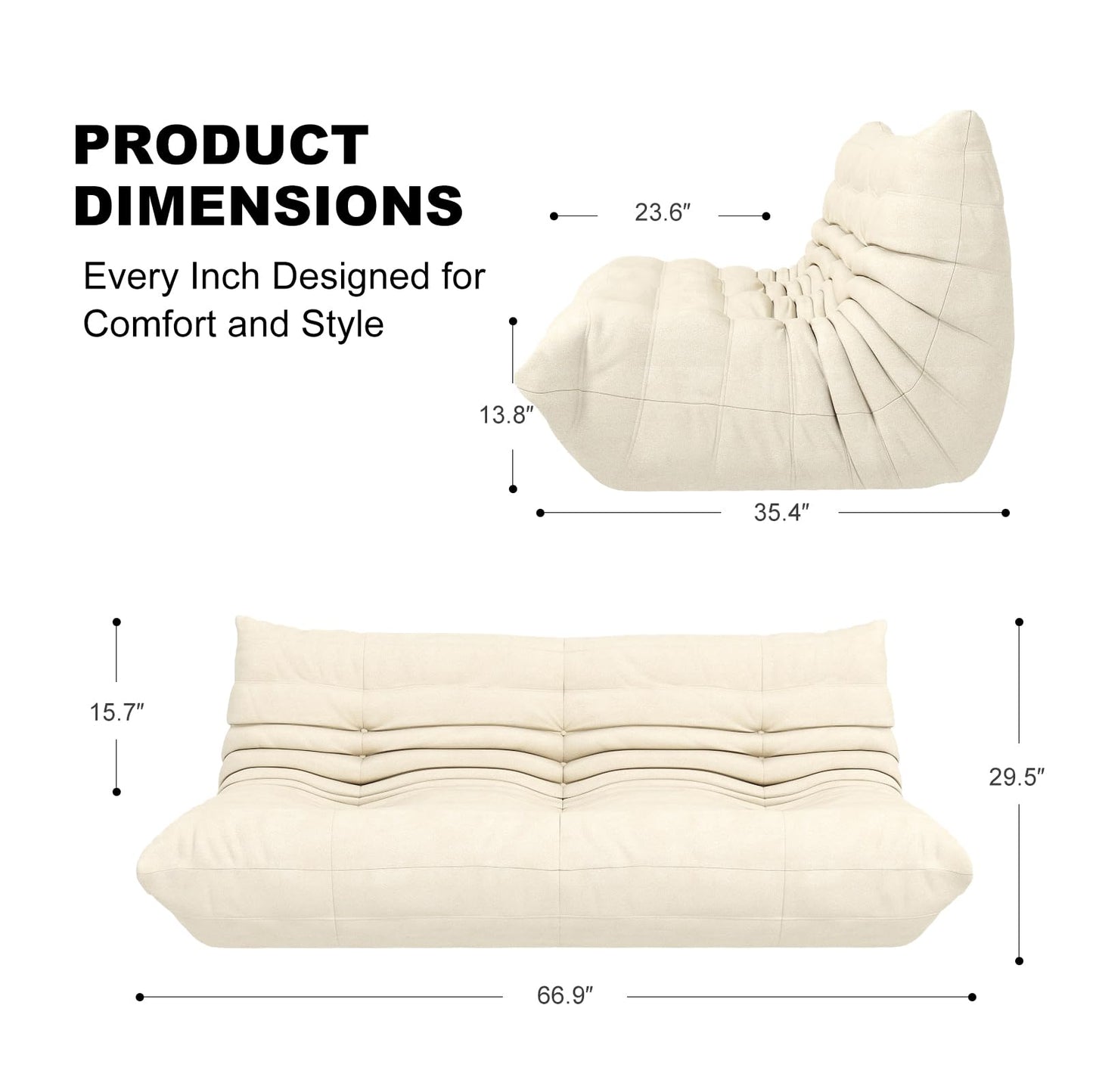 Full Foam Three Seater Sofa – Bean Bag Chairs Floor Couch for Adults, Waterproof Upholstery, Armless Fireside Lounge Chair for Living Room, Apartment, or Office (White)