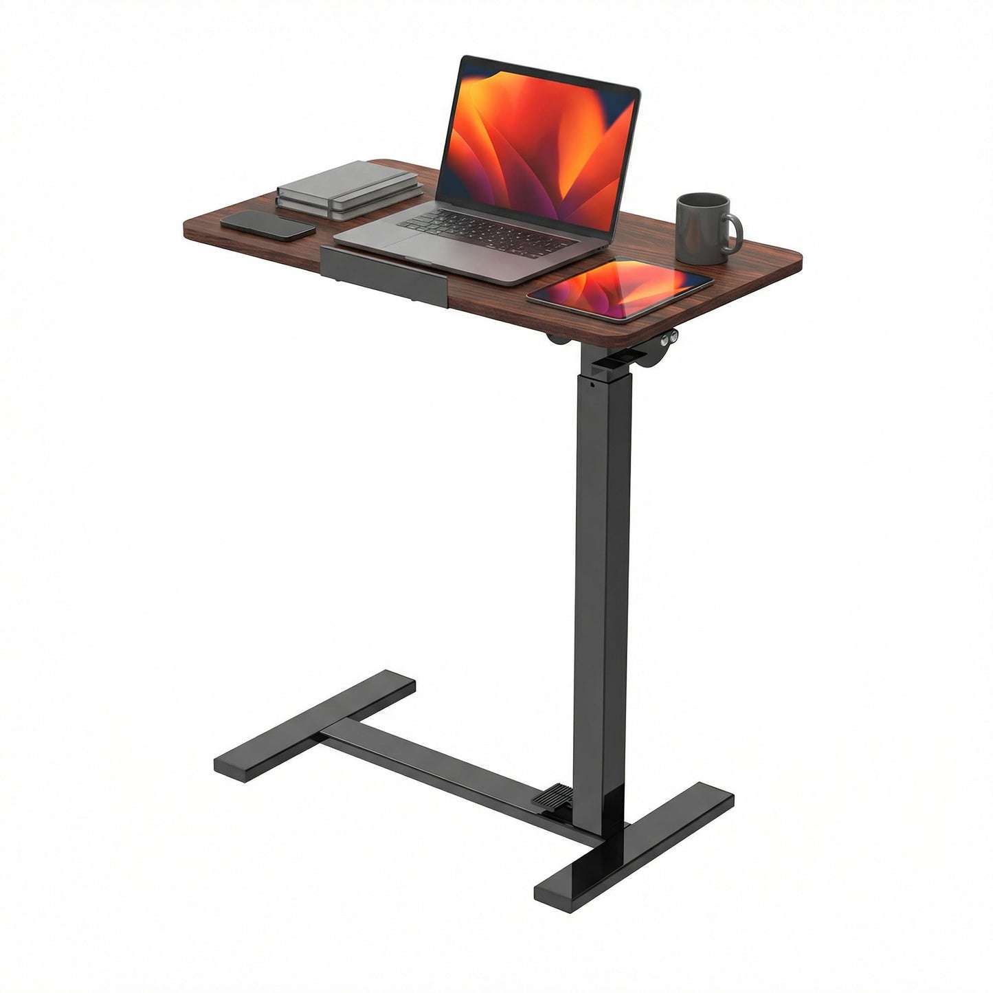 DUMOS Mobile Standing Desk, Height-Adjustable Computer Cart with Pneumatic Lift, Portable Computer Workstation Cart for Bed, Couch, Office, Sofa, Brown