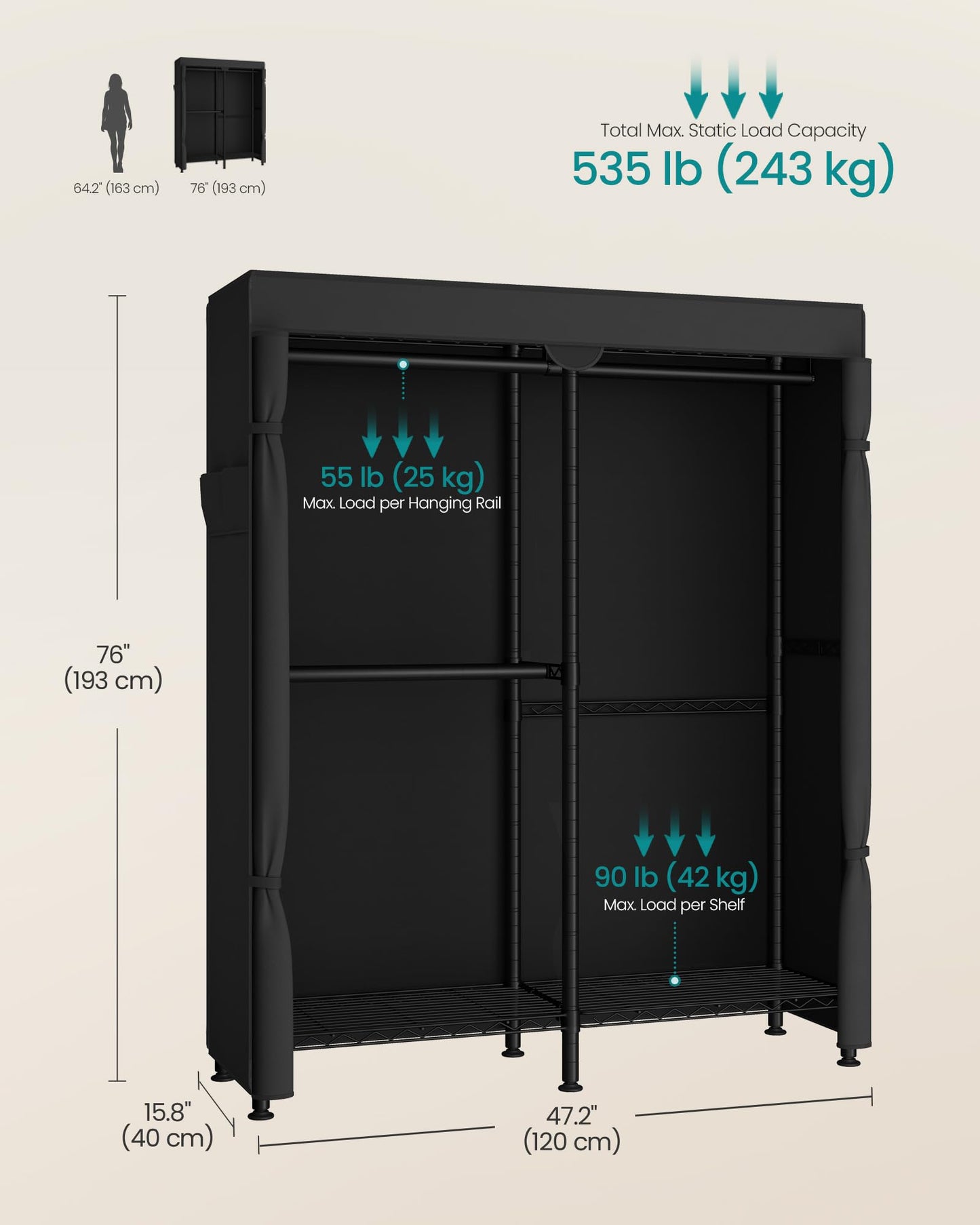 SONGMICS Clothing Rack, Heavy-Duty Garment Rack with Adjustable Storage Shelves and Hanging Rails, Fabric Cover, Freestanding Portable Wardrobe Closet, Ink Black ULGR424BH01