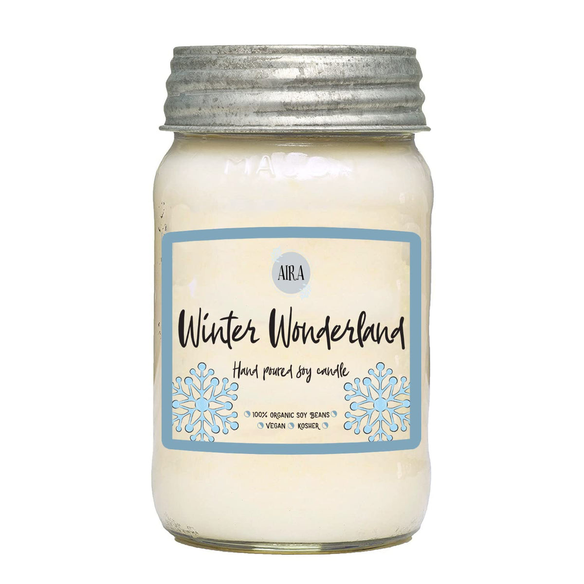 Aira Soy Candles - Organic, Kosher, Vegan, in Mason Jar w/Therapeutic Grade Essential Oil Blends - Hand-Poured 100% Soy Candle Wax - Paraffin Free, Burns 110+ Hours - Winter Wonderland - 16 Ounces